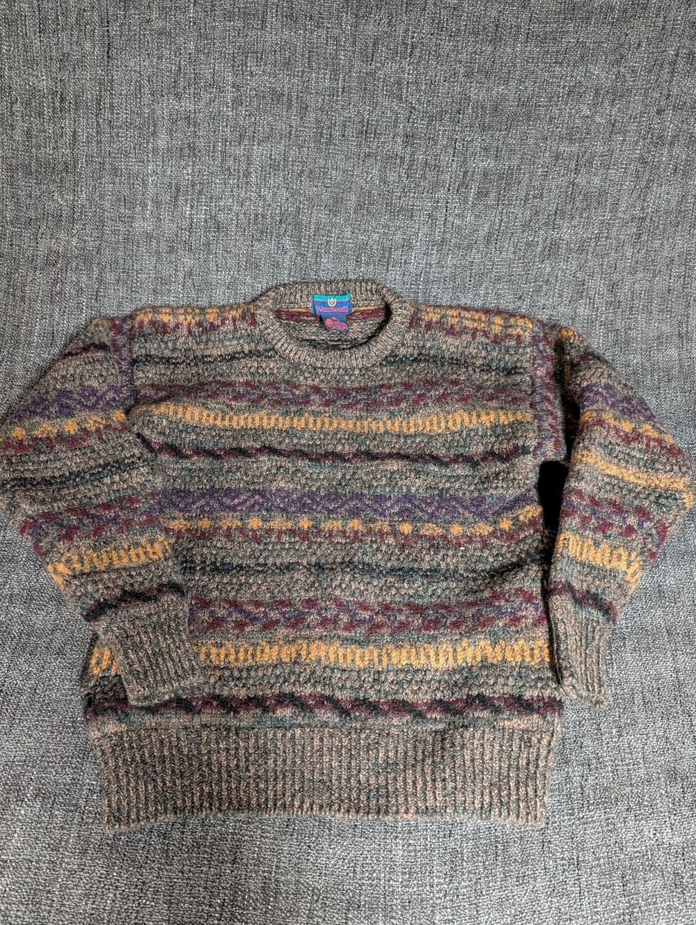 Men's Multicolor Patterned Wool Crewneck Sweater - Gray